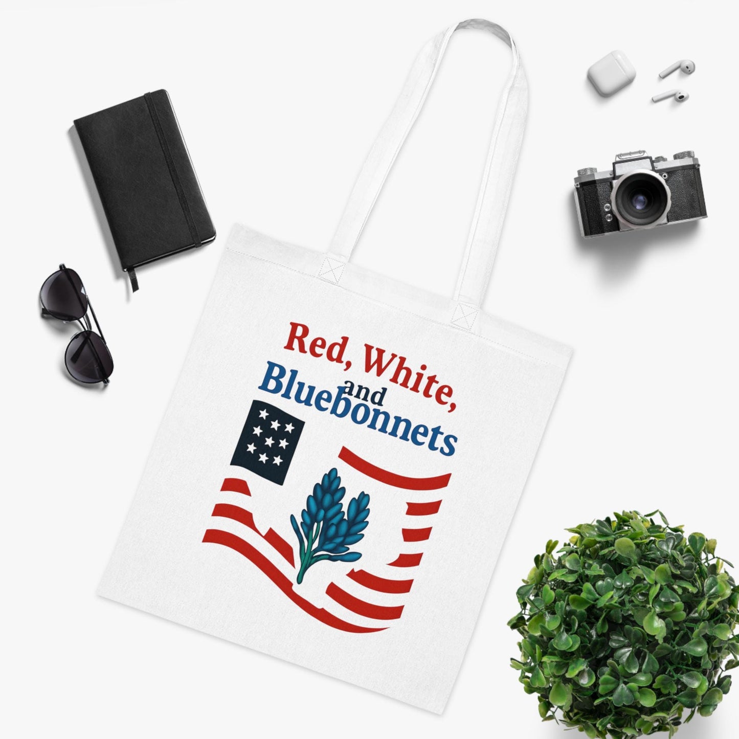 Patriotic Texas Cotton Tote | Red, White, and Bluebonnets Design, Reusable Shopping Bag, Gift Bag, Summer for Independence Day