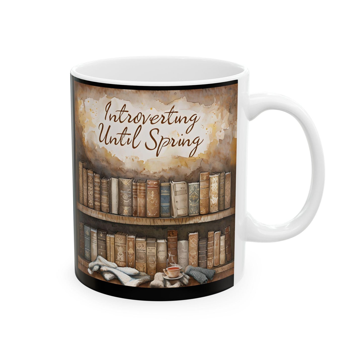 Literary Ceramic Coffee Mug: Bookshelf & Cat Design - Gift for Book Lovers