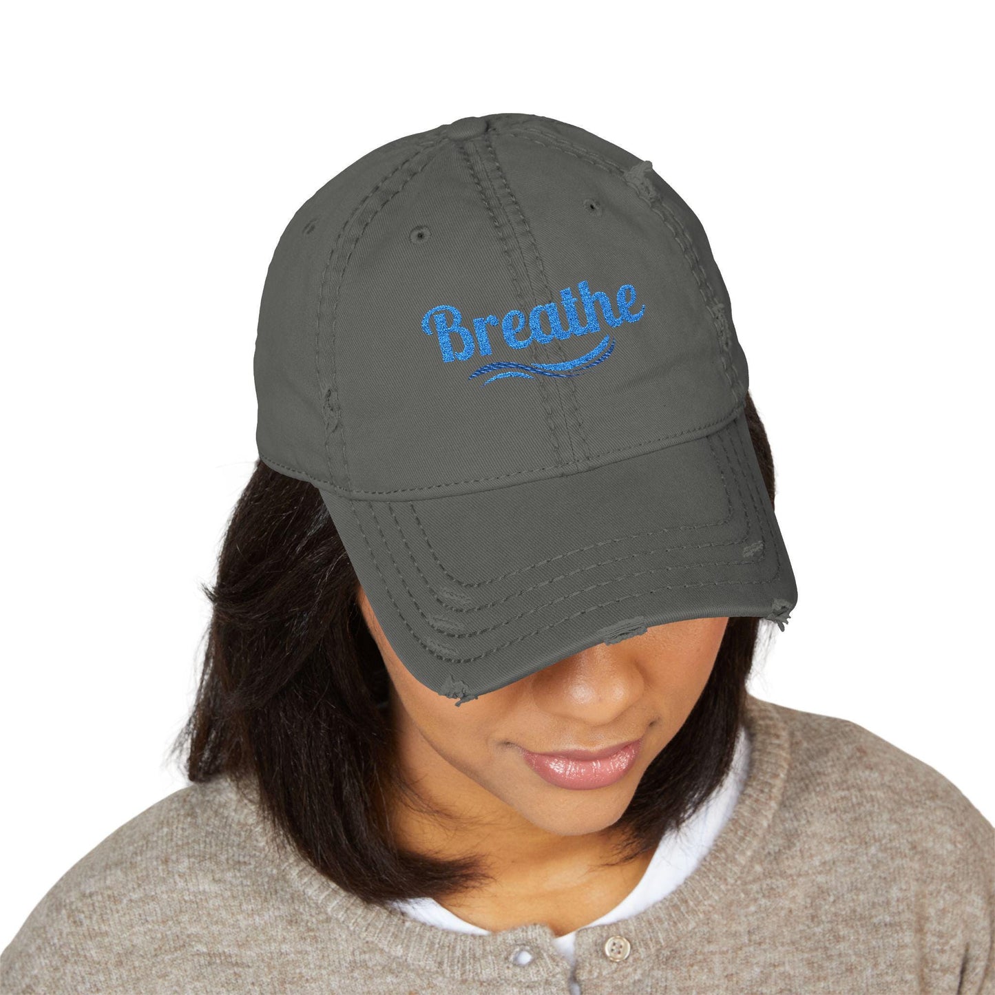 Embroidered "Breathe" Distressed Hat, Mental Health Motivation, Unisex Baseball Cap, Distressed Design, Breathable Headwear