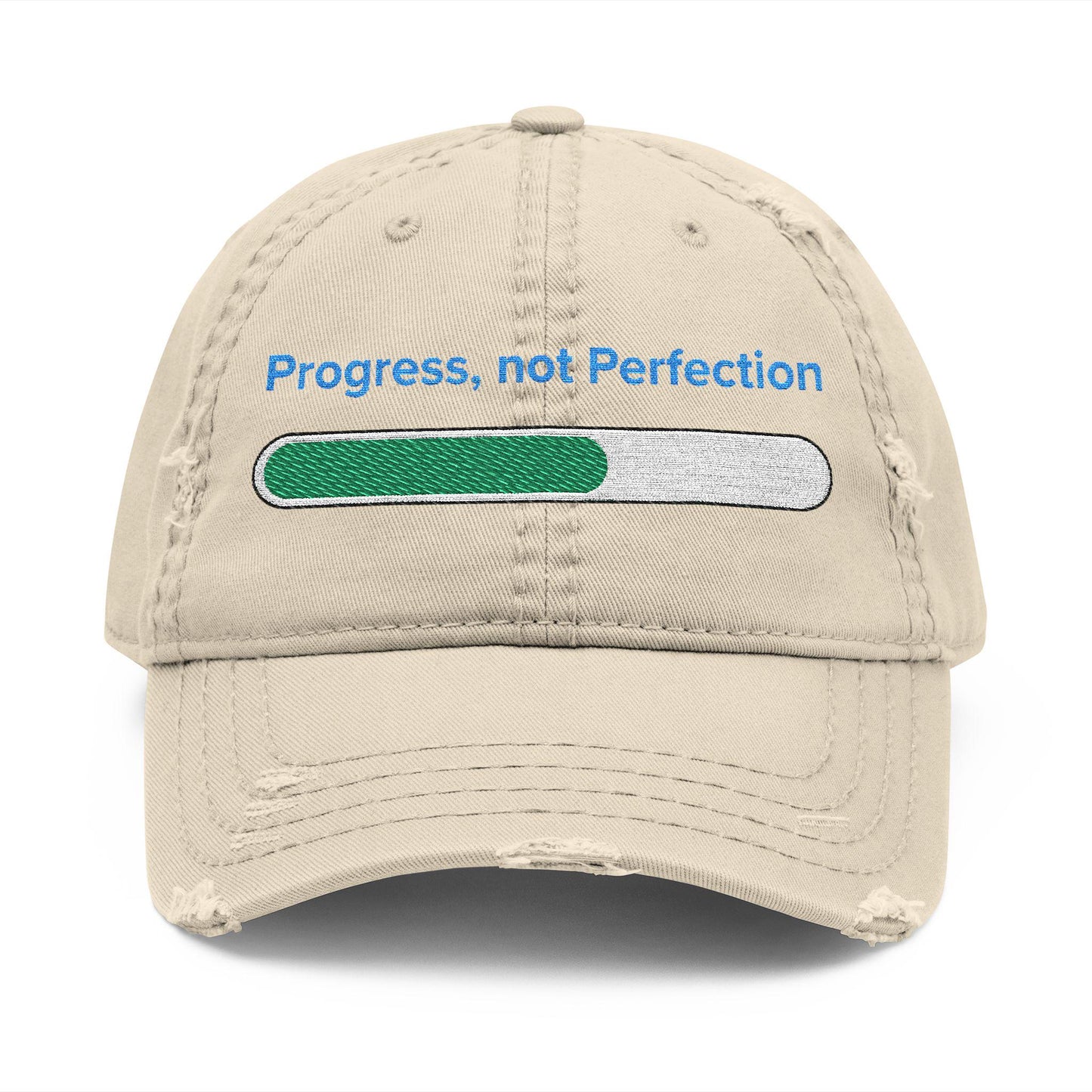 Embroidered "Progress, Not Perfection" Distressed Baseball Cap