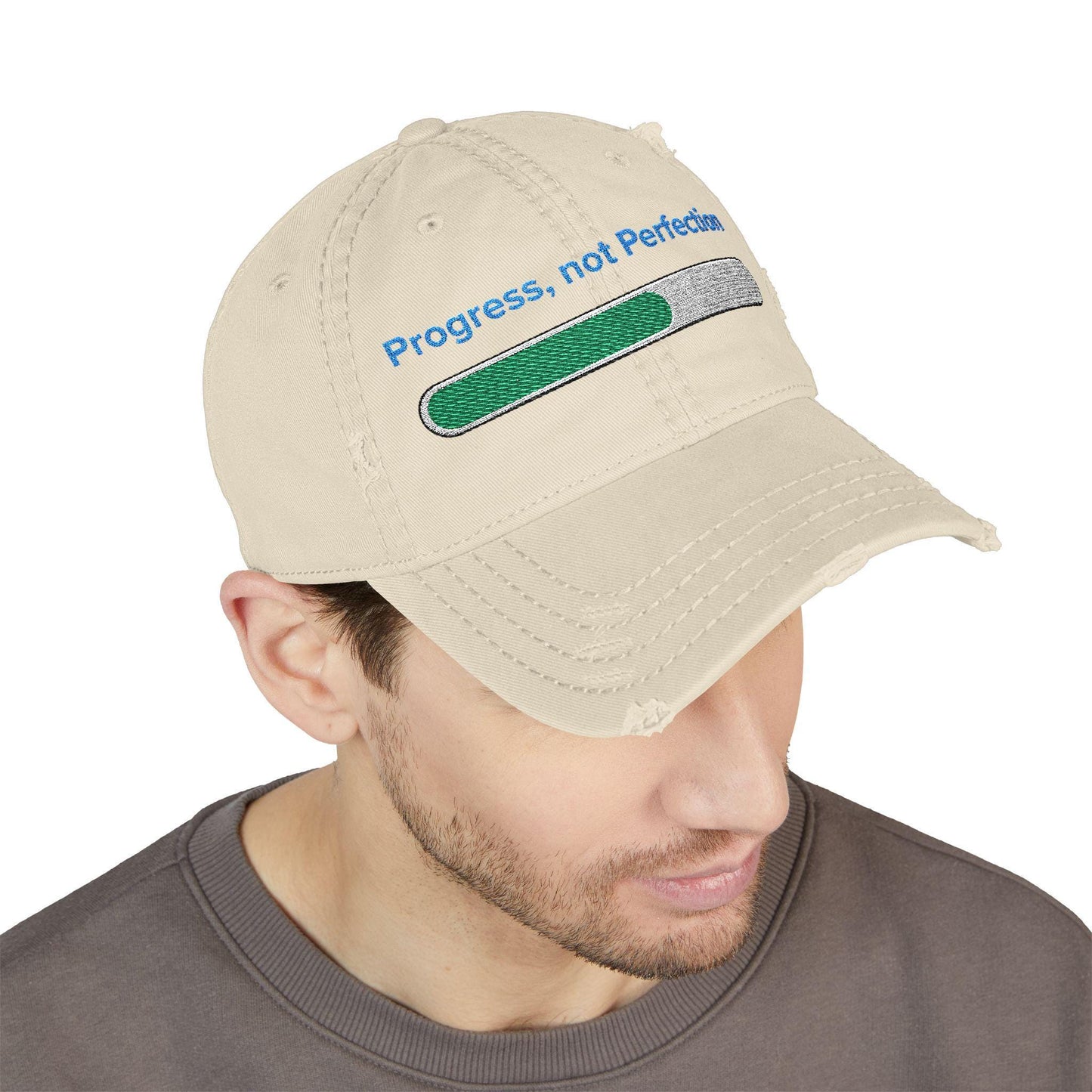 Embroidered "Progress, Not Perfection" Distressed Baseball Cap