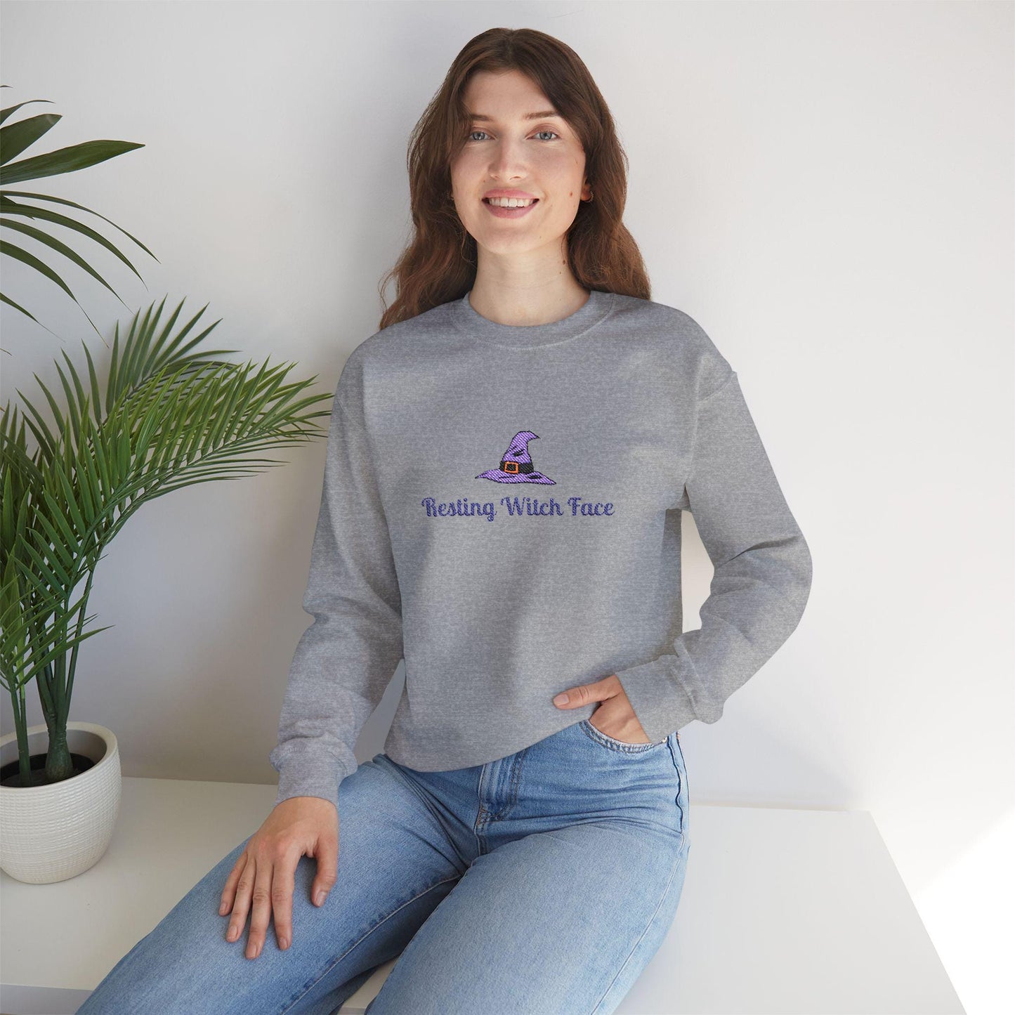 Resting Witch Face Embroidered Sweatshirt: Spooky Halloween Crewneck