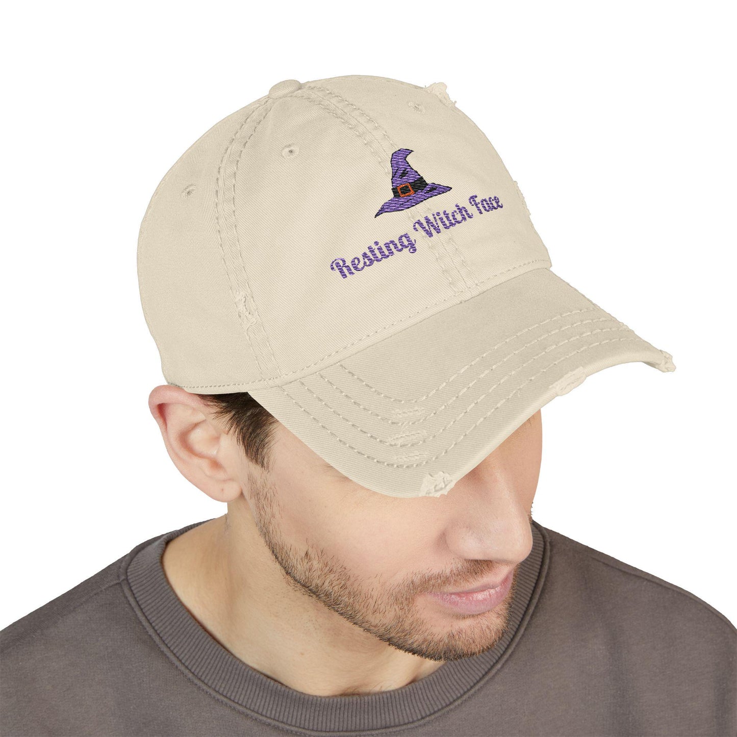 Resting Witch Face Embroidered Distressed Dad Hat - Halloween Costume