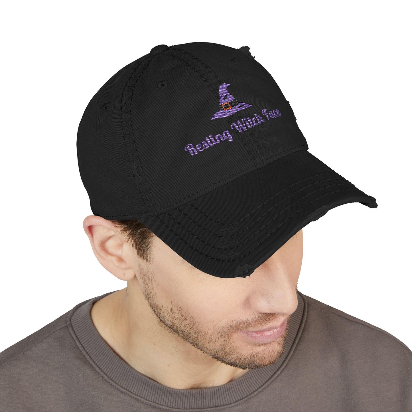 Resting Witch Face Embroidered Distressed Dad Hat - Halloween Costume