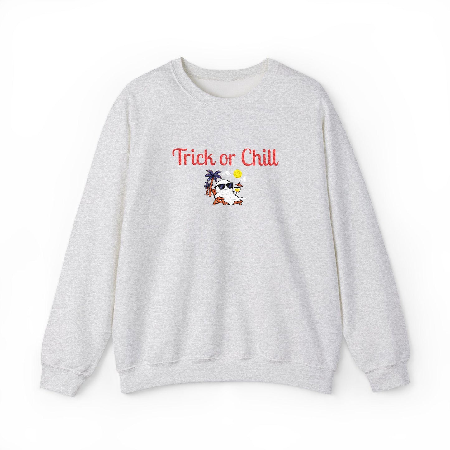 Trick or Chill Sweatshirt, Halloween Crewneck, Embroidered Jumper, Unisex Pullover, Cozy Fall Sweater