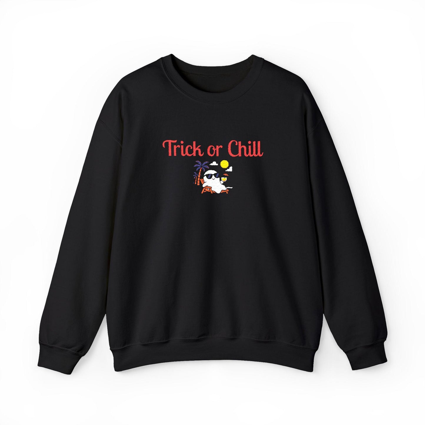 Trick or Chill Sweatshirt, Halloween Crewneck, Embroidered Jumper, Unisex Pullover, Cozy Fall Sweater