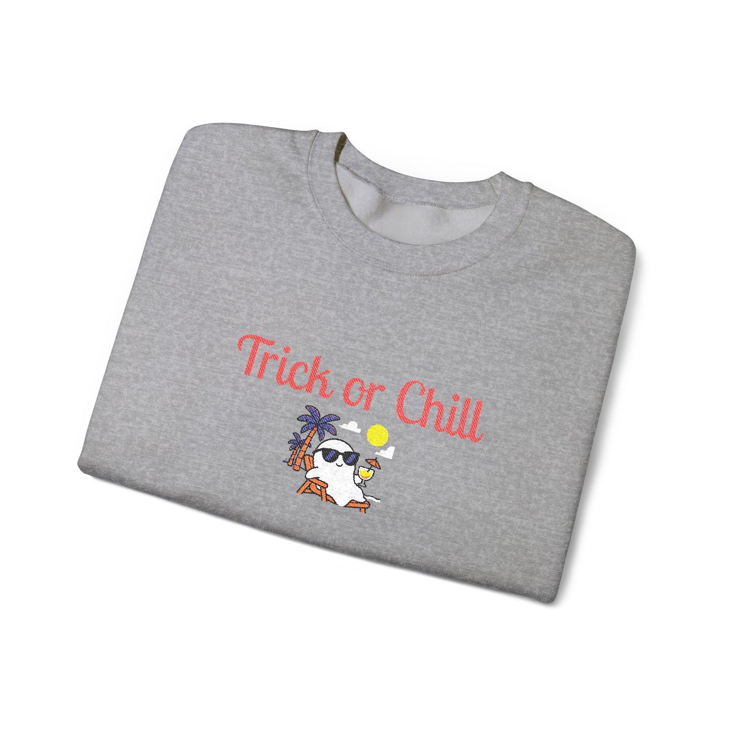 Trick or Chill Sweatshirt, Halloween Crewneck, Embroidered Jumper, Unisex Pullover, Cozy Fall Sweater