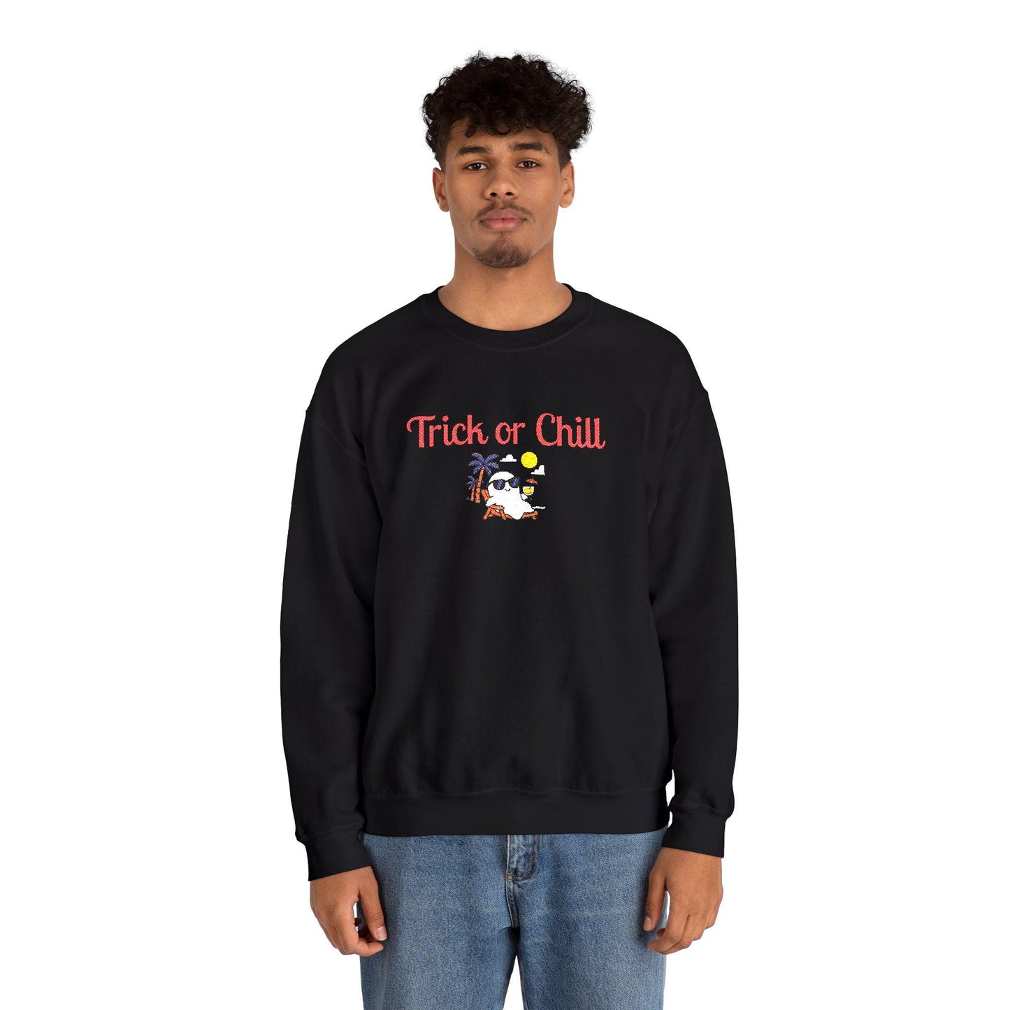Trick or Chill Sweatshirt, Halloween Crewneck, Embroidered Jumper, Unisex Pullover, Cozy Fall Sweater