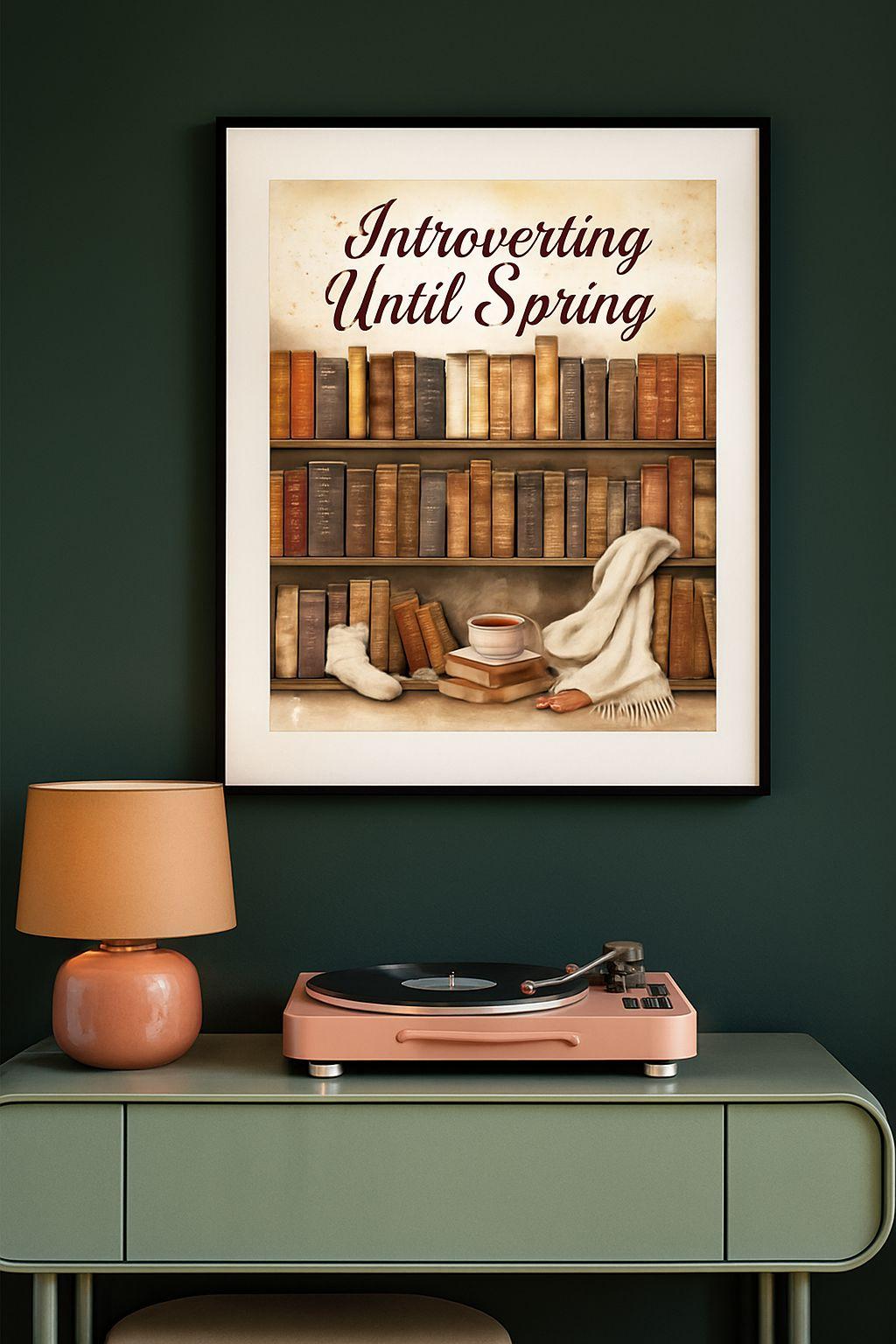 Introverting Until Spring | Cozy Book Lover Digital Art | Winter Introvert Printable Wall Decor