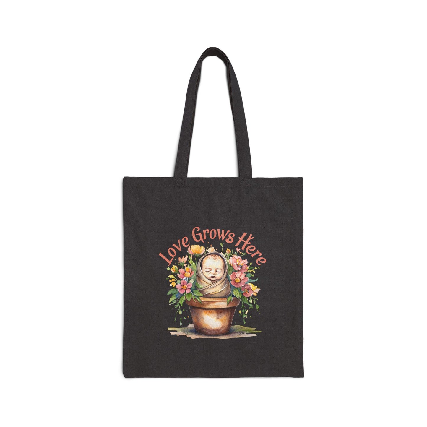 Love Grows Here Cotton Canvas Tote Bag: Floral Eco-Friendly Shopping Bag