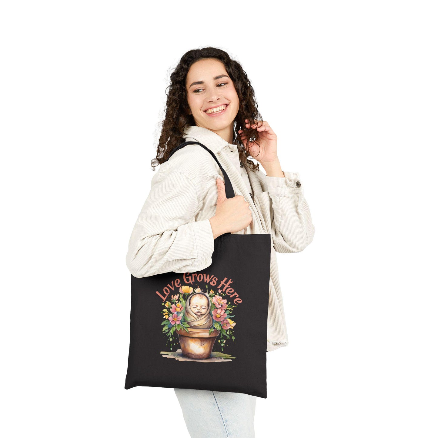 Love Grows Here Cotton Canvas Tote Bag: Floral Eco-Friendly Shopping Bag