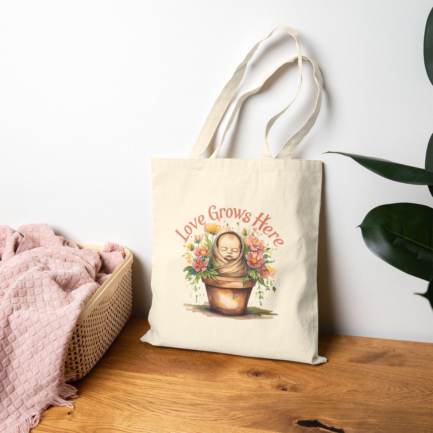 Love Grows Here Cotton Canvas Tote Bag: Floral Eco-Friendly Shopping Bag