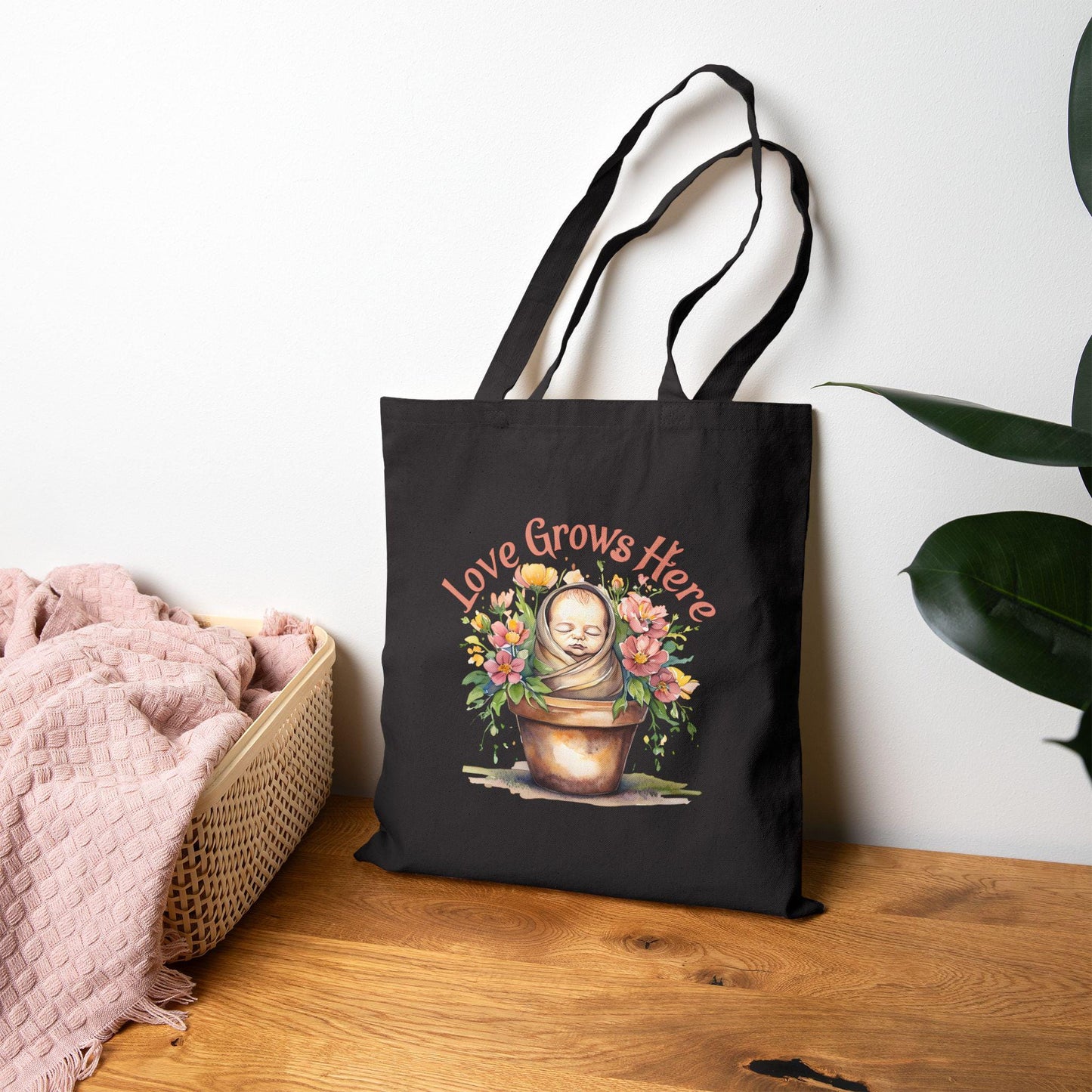 Love Grows Here Cotton Canvas Tote Bag: Floral Eco-Friendly Shopping Bag