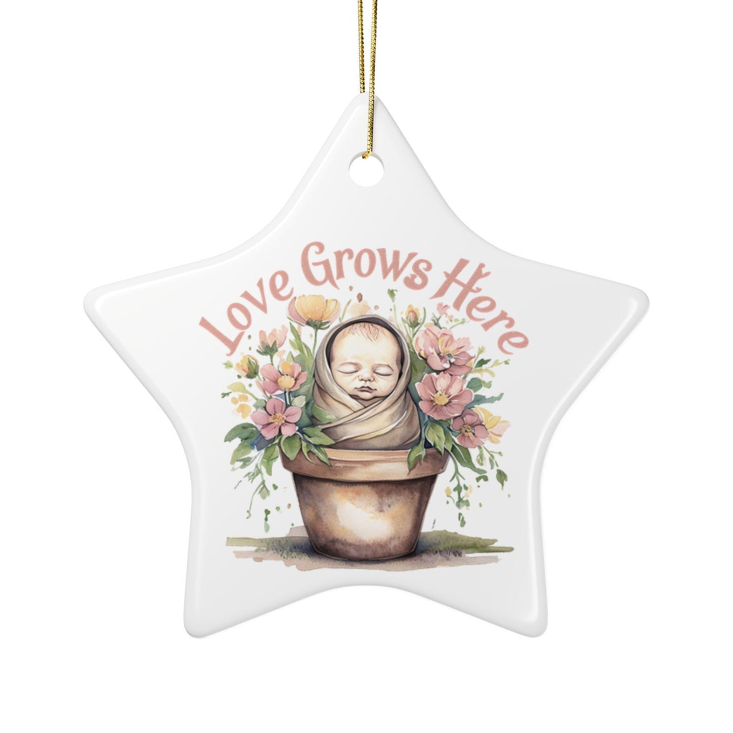 Love Grows Here Ceramic Ornaments, 2-Sided Print, Nursery Decor, Baby Shower Gift, Holiday Ornament, Floral Keepsake