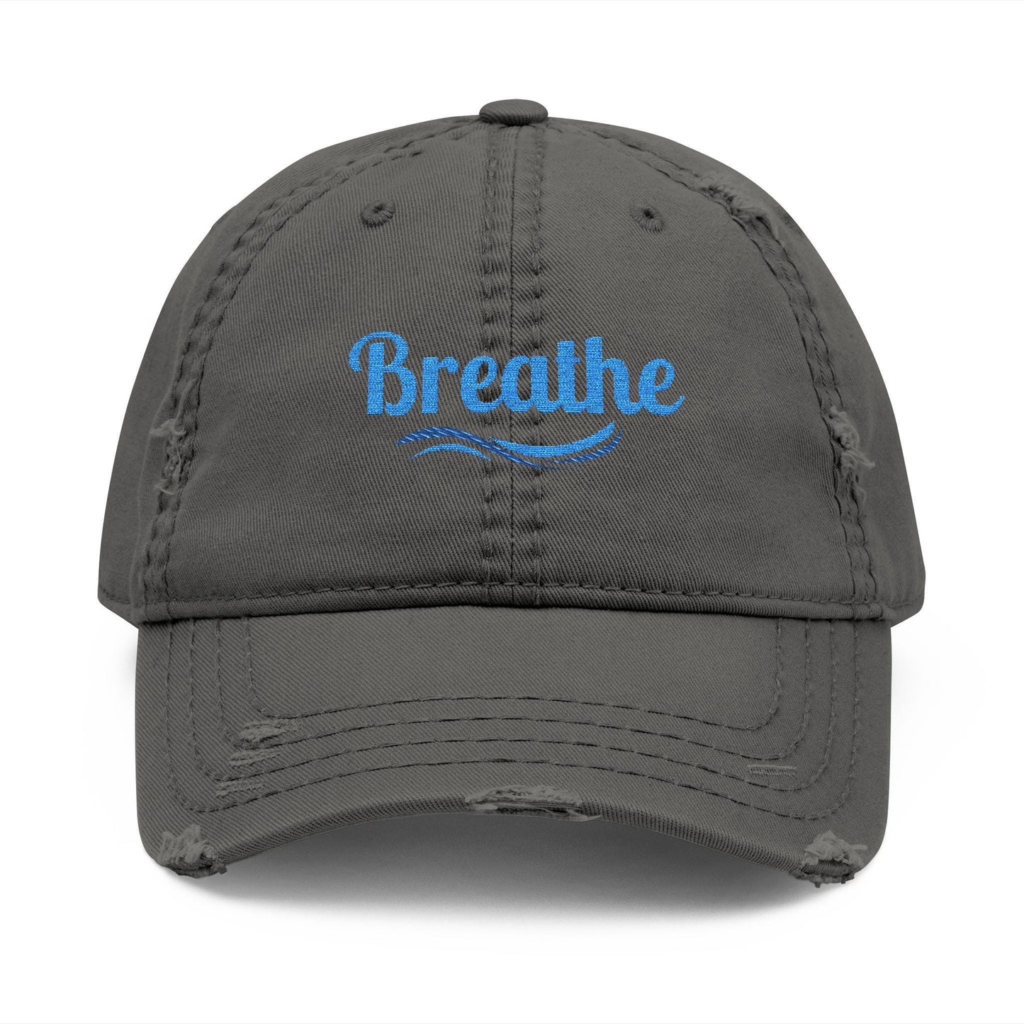 Embroidered "Breathe" Distressed Hat, Mental Health Motivation, Unisex Baseball Cap, Distressed Design, Breathable Headwear