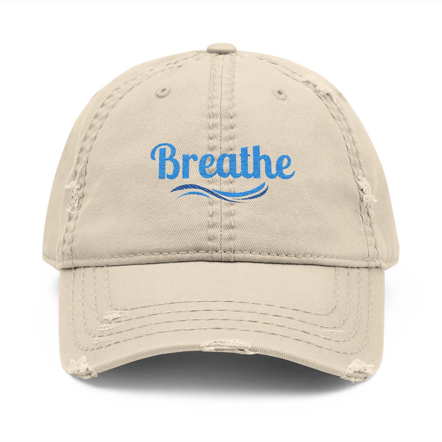 Embroidered "Breathe" Distressed Hat, Mental Health Motivation, Unisex Baseball Cap, Distressed Design, Breathable Headwear