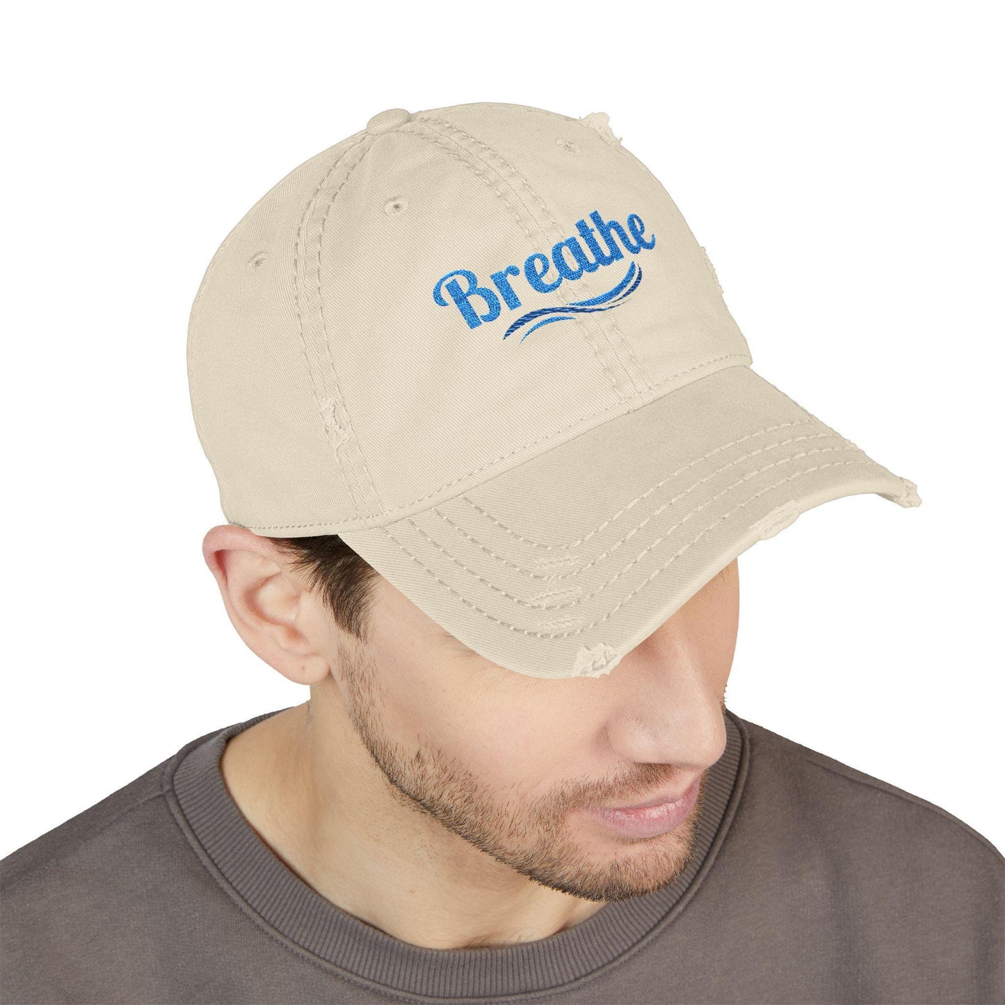 Embroidered "Breathe" Distressed Hat, Mental Health Motivation, Unisex Baseball Cap, Distressed Design, Breathable Headwear