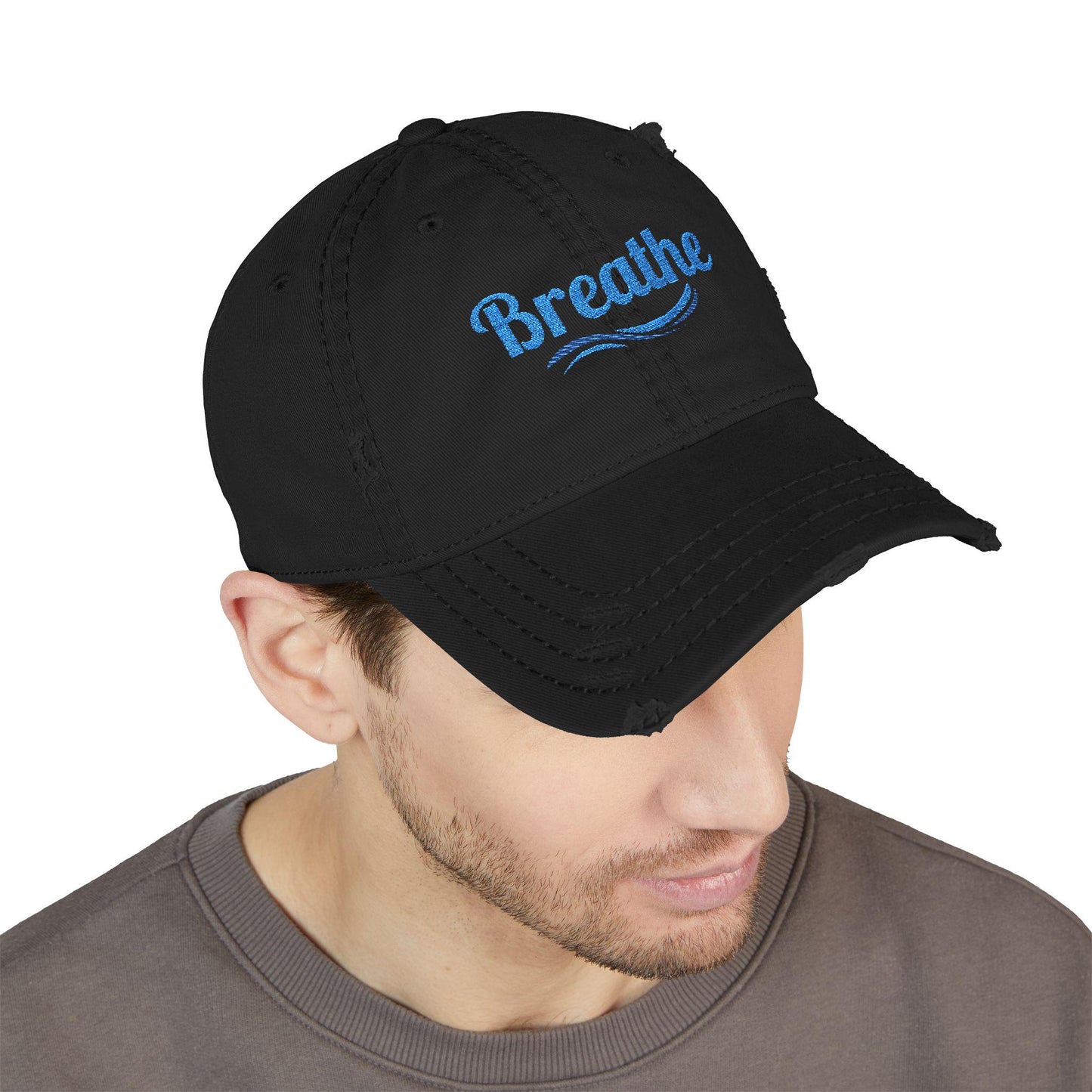 Embroidered "Breathe" Distressed Hat, Mental Health Motivation, Unisex Baseball Cap, Distressed Design, Breathable Headwear