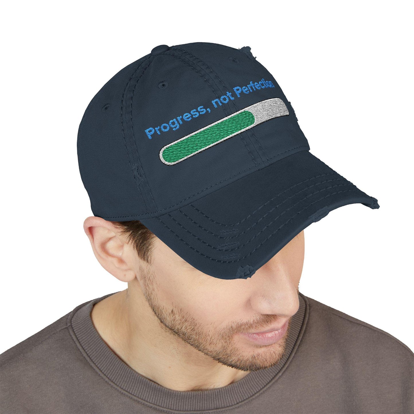 Embroidered "Progress, Not Perfection" Distressed Baseball Cap