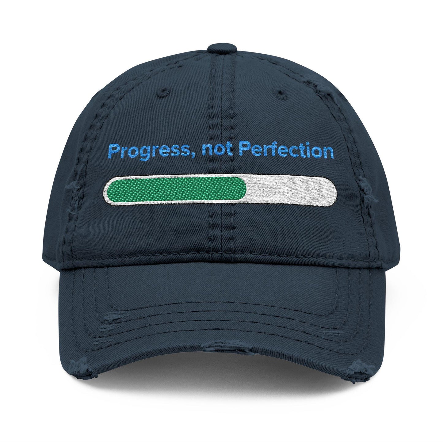 Embroidered "Progress, Not Perfection" Distressed Baseball Cap