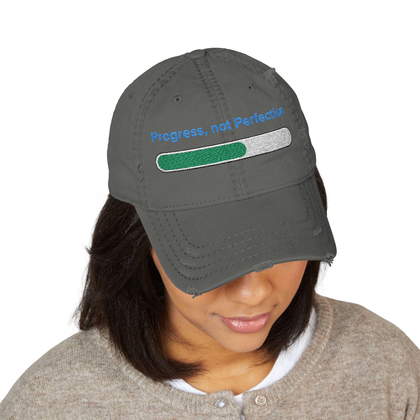 Embroidered "Progress, Not Perfection" Distressed Baseball Cap