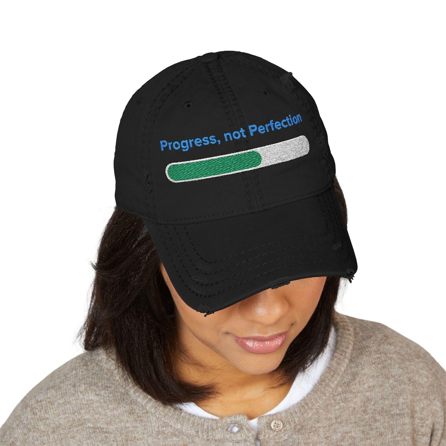 Embroidered "Progress, Not Perfection" Distressed Baseball Cap