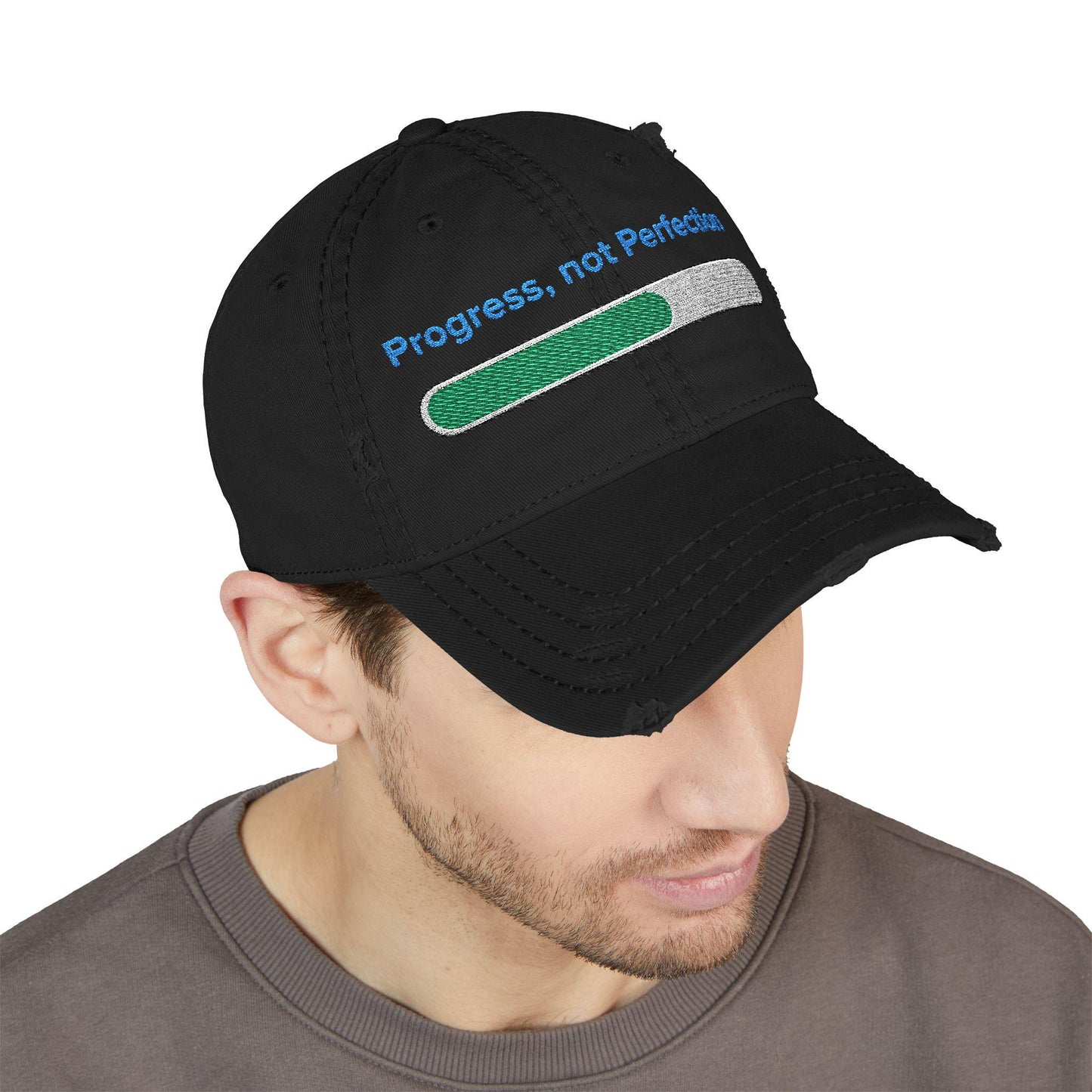 Embroidered "Progress, Not Perfection" Distressed Baseball Cap