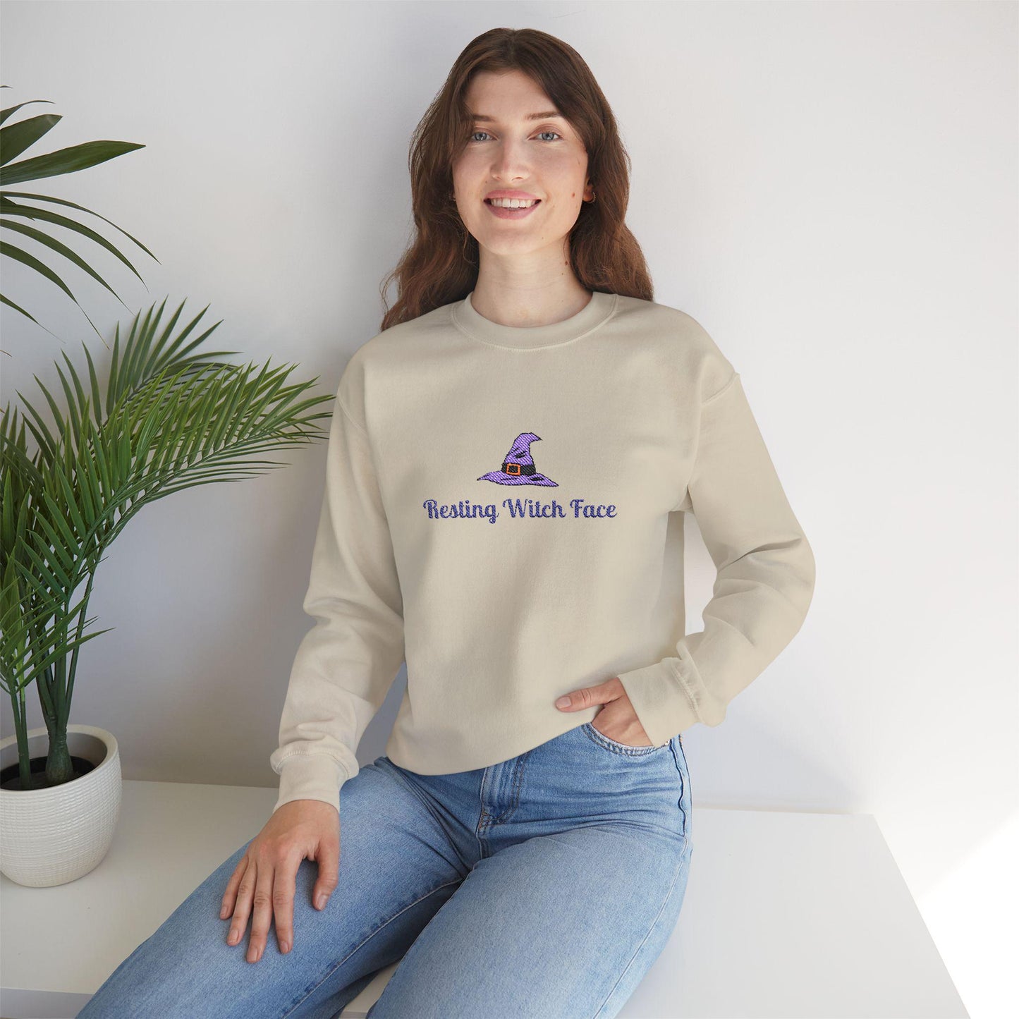 Resting Witch Face Embroidered Sweatshirt: Spooky Halloween Crewneck