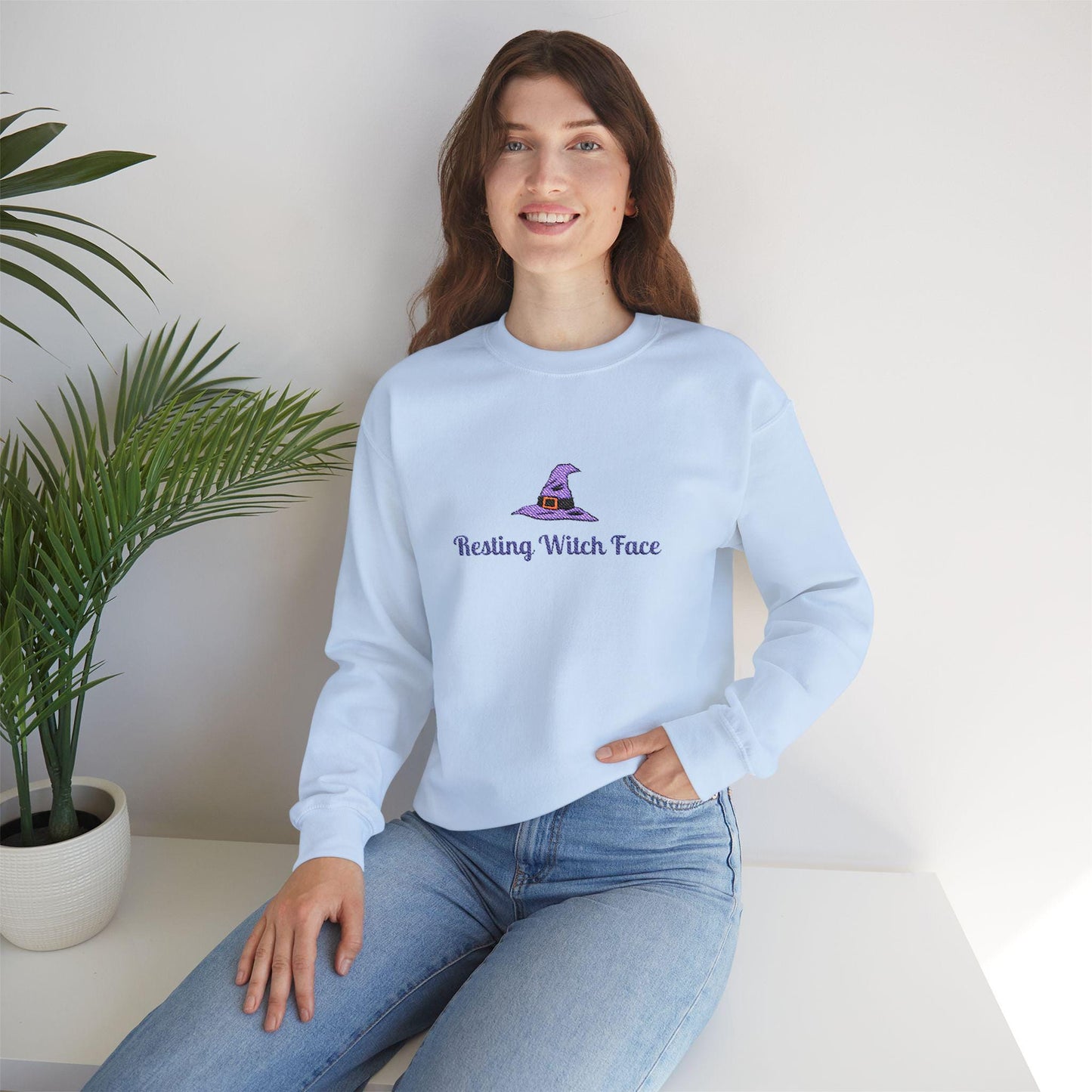 Resting Witch Face Embroidered Sweatshirt: Spooky Halloween Crewneck