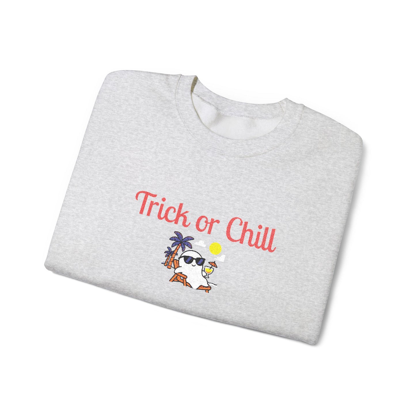 Trick or Chill Sweatshirt, Halloween Crewneck, Embroidered Jumper, Unisex Pullover, Cozy Fall Sweater