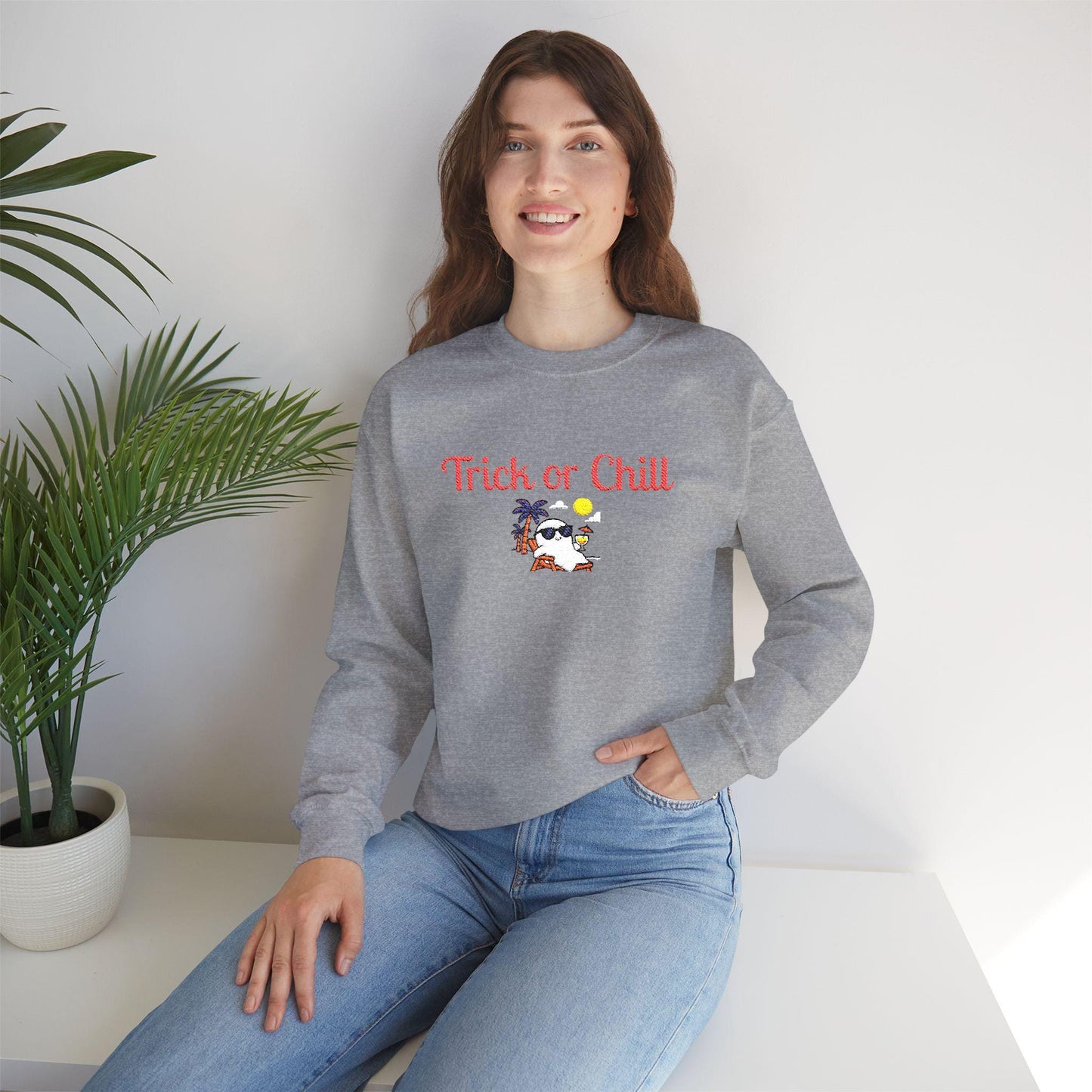 Trick or Chill Sweatshirt, Halloween Crewneck, Embroidered Jumper, Unisex Pullover, Cozy Fall Sweater