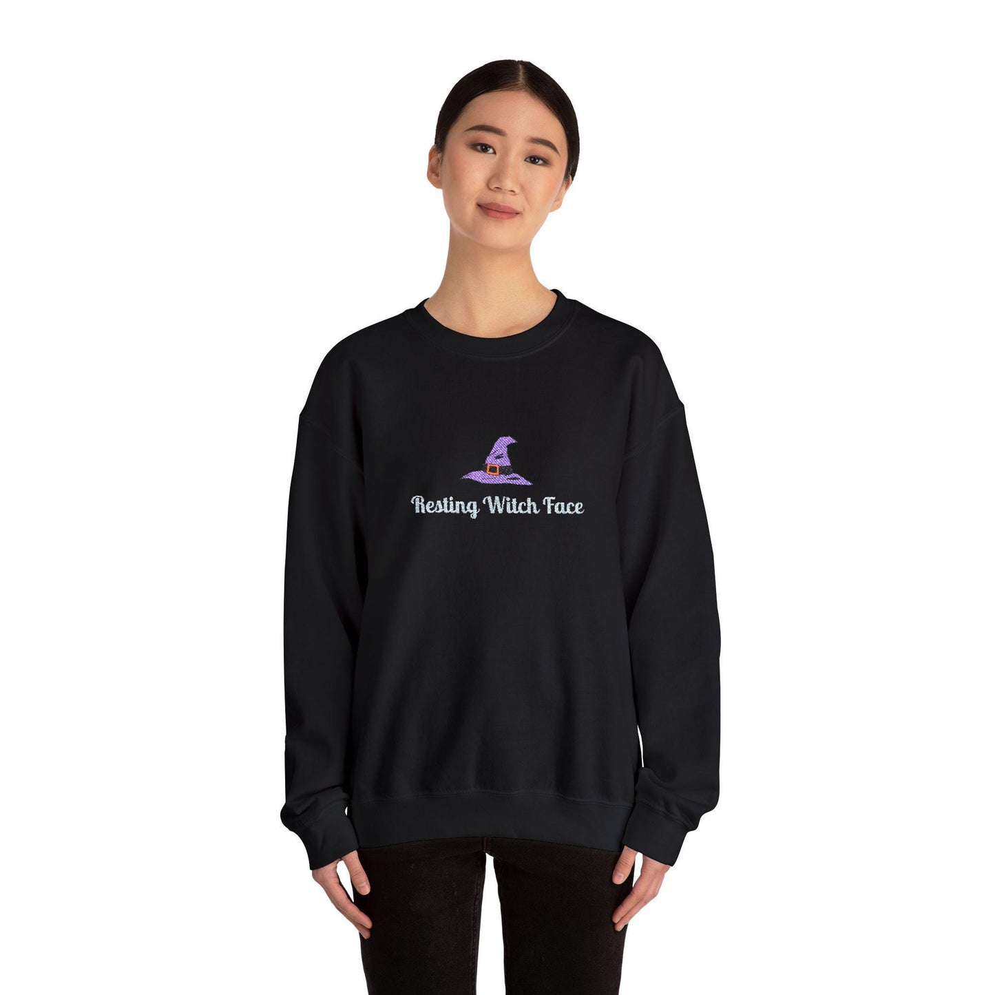 Resting Witch Face Embroidered Sweatshirt: Halloween Crewneck