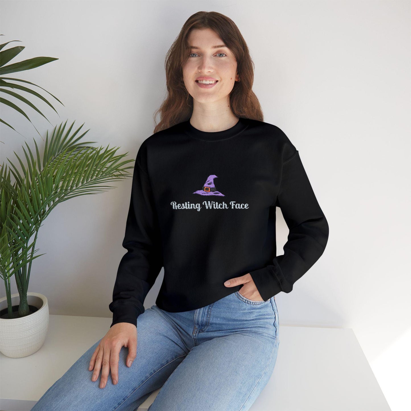 Resting Witch Face Embroidered Sweatshirt: Halloween Crewneck