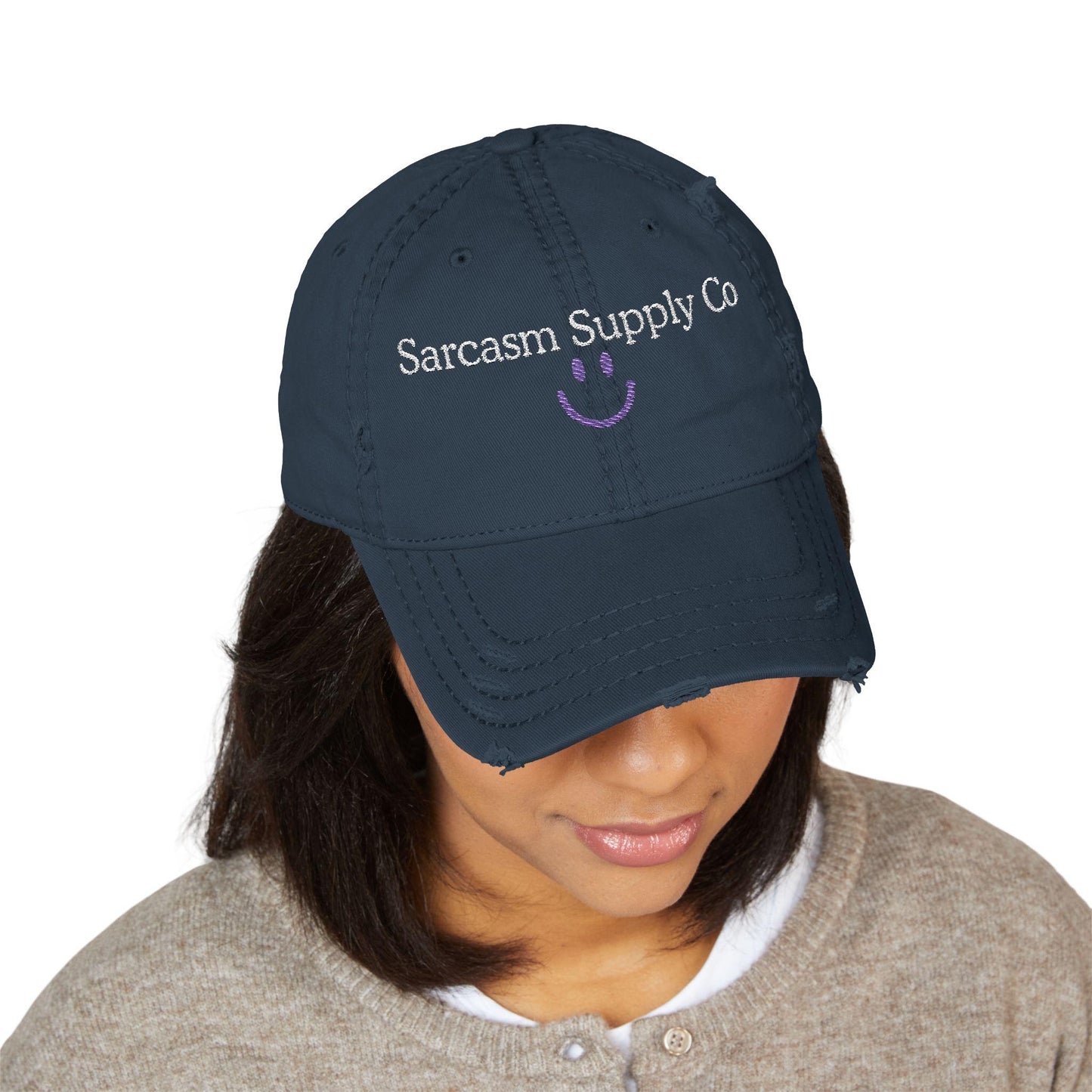 Distressed Cotton Dad Hat: Sarcasm Supply Co Embroidery