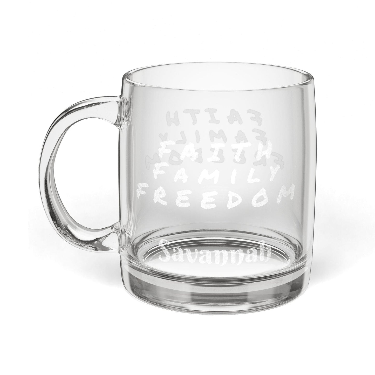 Engraved Glass Coffee Mug: Faith Family Freedom, Patriotic Gift