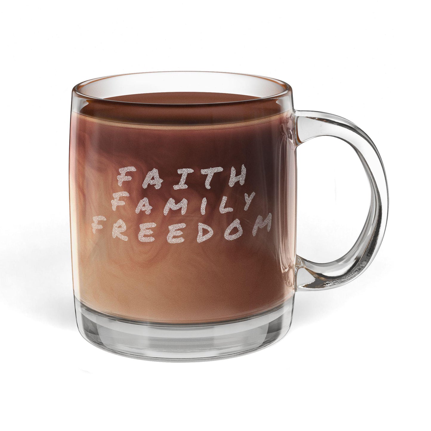 Engraved Glass Coffee Mug: Faith Family Freedom, Patriotic Gift