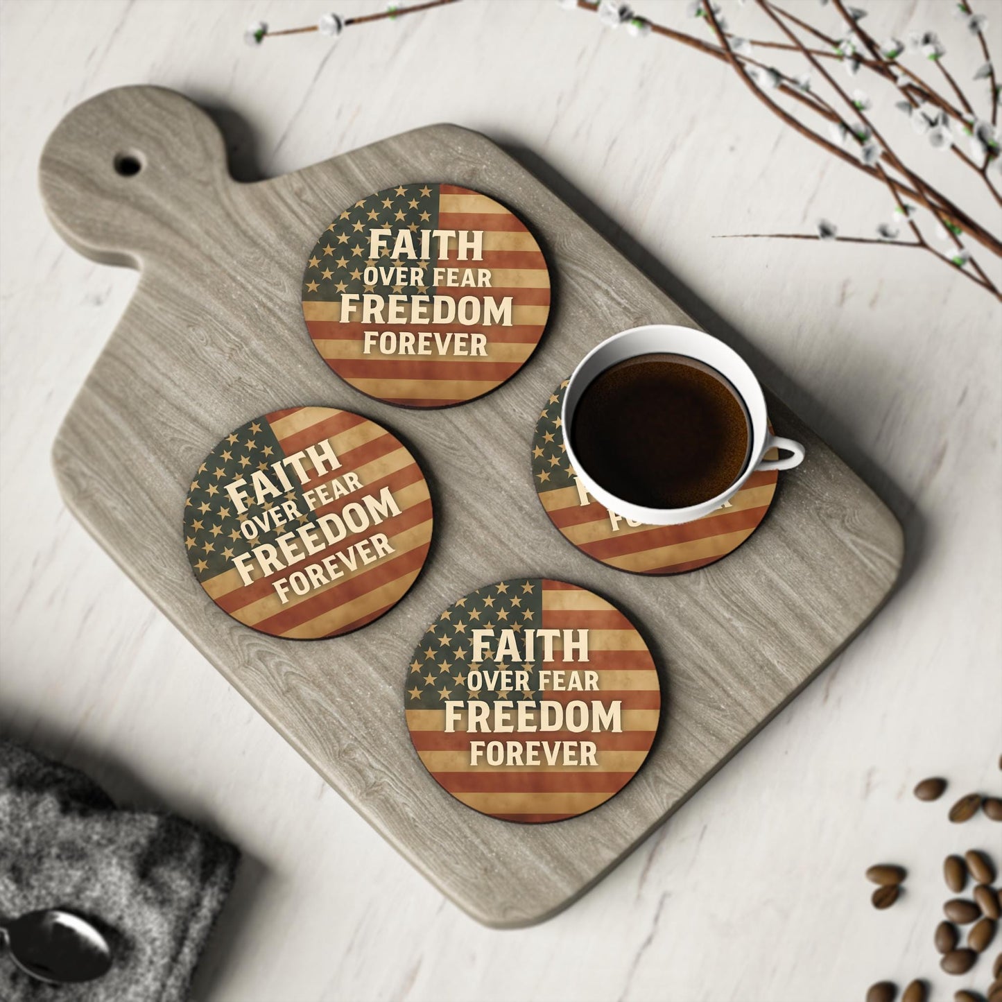 Patriotic Coasters: Inspirational Quotes, Cork Base, USA Theme