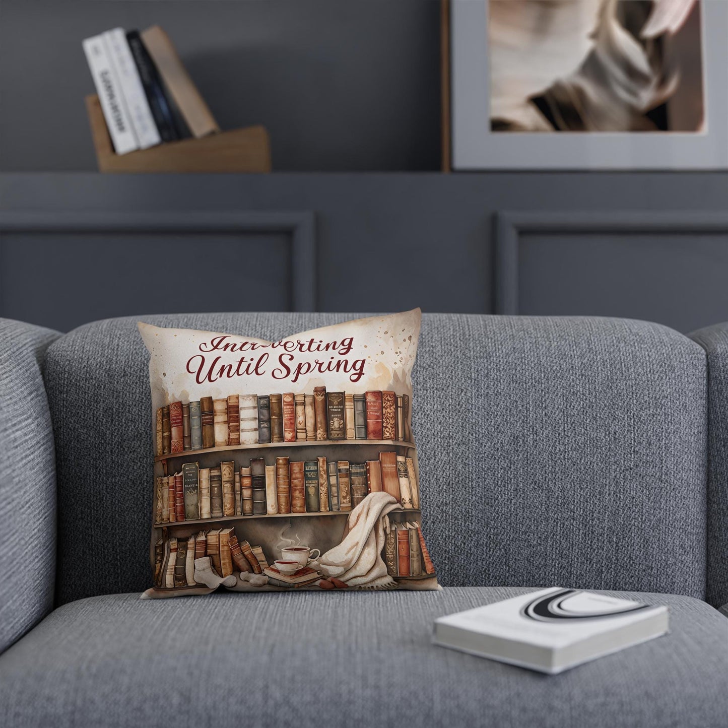 Cozy Cotton Reading Cushion: "Introverting Until Spring" Throw Pillow