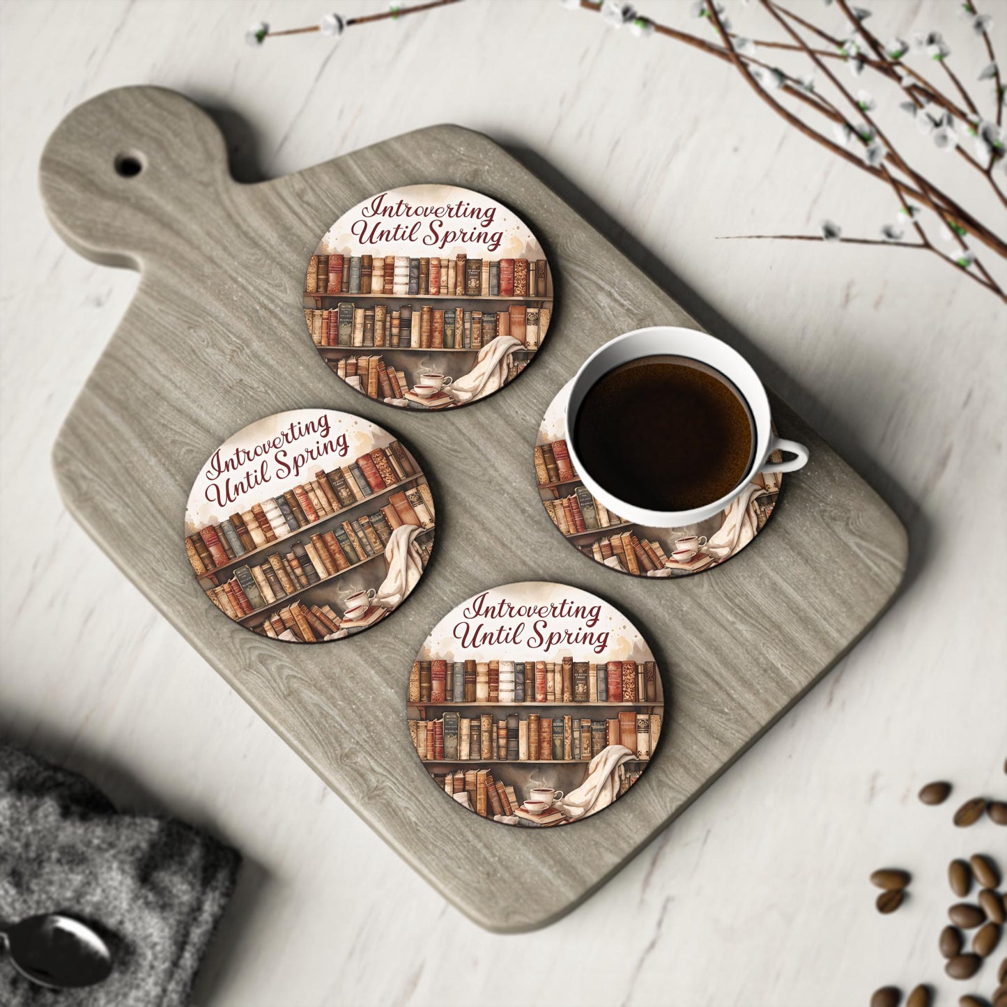 Book Lover Coasters: 'Introverting Until Spring' - Cozy Home Decor