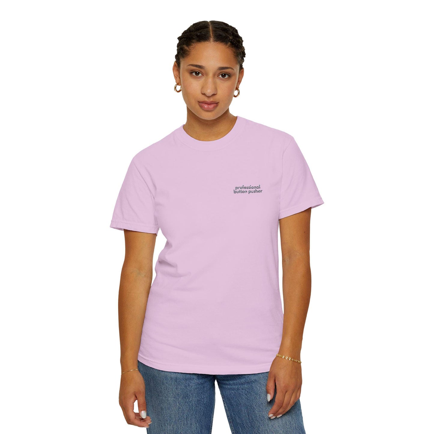 Embroidered Button Pusher T-Shirt: Funny Gen X Work Shirt