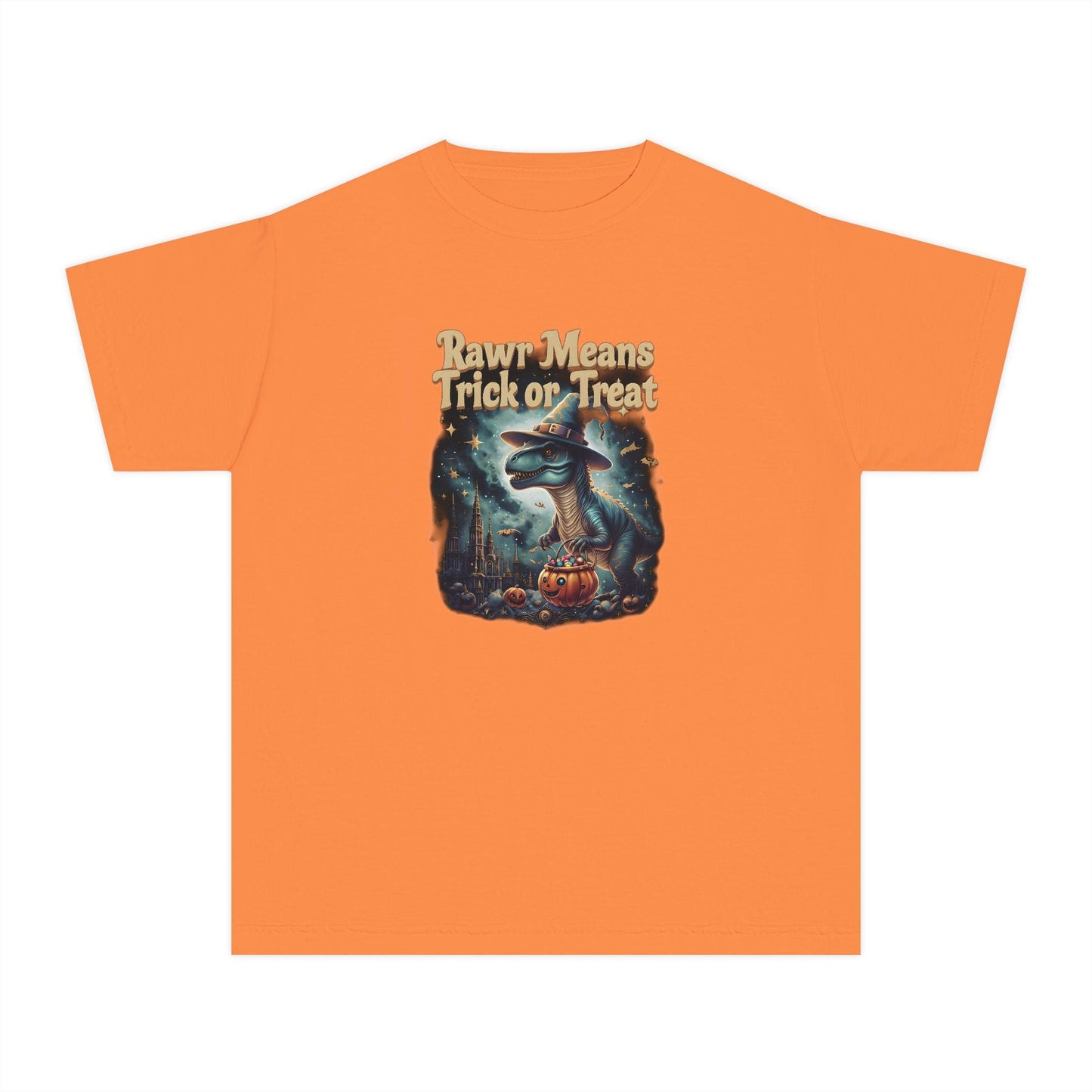 Halloween Dinosaur Youth Tee: "Rawr Means Trick or Treat"