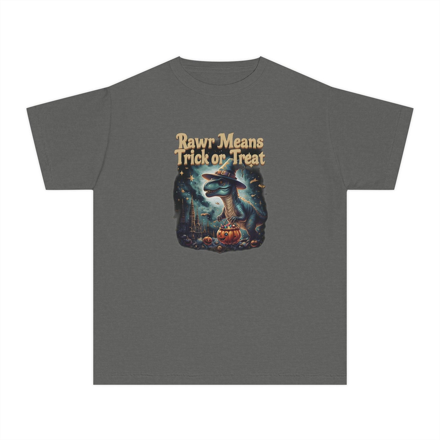 Halloween Dinosaur Youth Tee: "Rawr Means Trick or Treat"