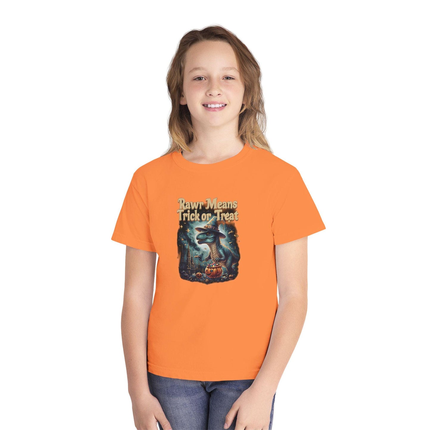 Halloween Dinosaur Youth Tee: "Rawr Means Trick or Treat"