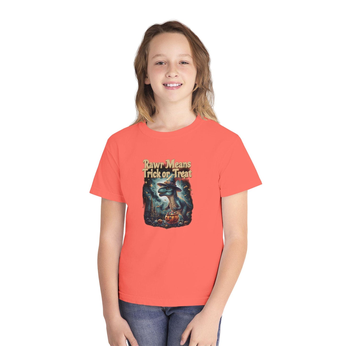 Halloween Dinosaur Youth Tee: "Rawr Means Trick or Treat"