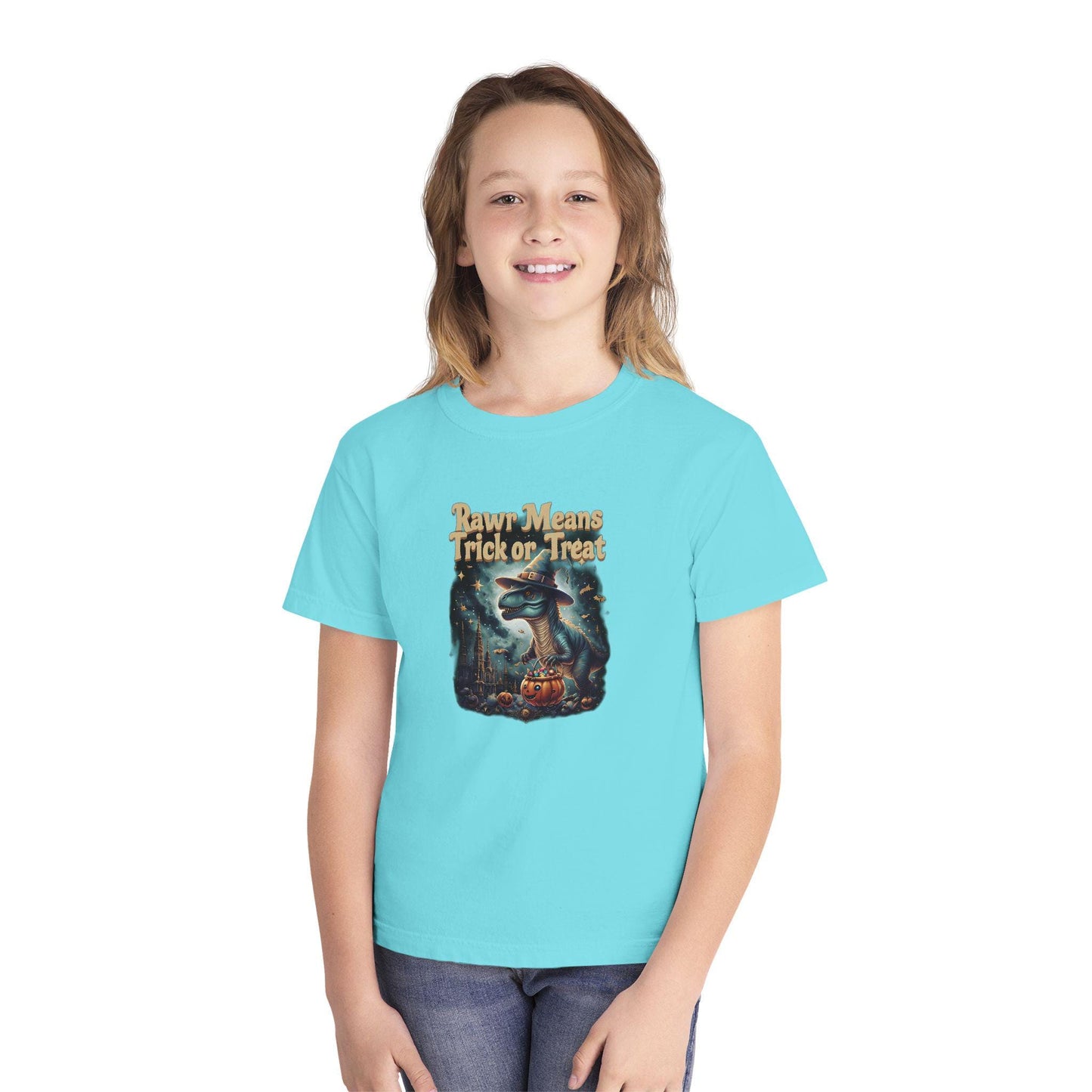 Halloween Dinosaur Youth Tee: "Rawr Means Trick or Treat"