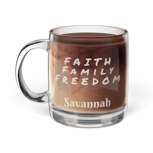 Engraved Glass Coffee Mug: Faith Family Freedom, Patriotic Gift