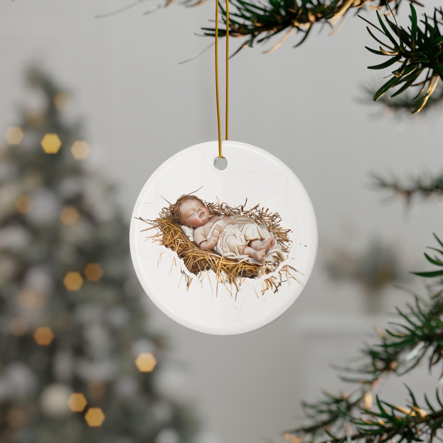 Baby Jesus Ceramic Christmas Ornament: Religious Nativity Tree Decoration