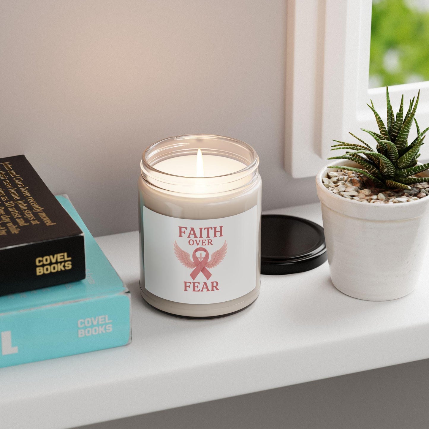 Faith Over Fear Scented Candle for Healing & Hope | 9oz Aromatherapy Gift | Inspirational Home Decor, Self-Care, Cancer Awareness