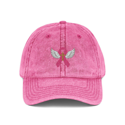 Embroidered Vintage Cap, Breast Cancer Awareness Hat with Angel Wings, Cancer Survivor Gift, Pink Ribbon Baseball Cap, Chemo Patient Gift,
