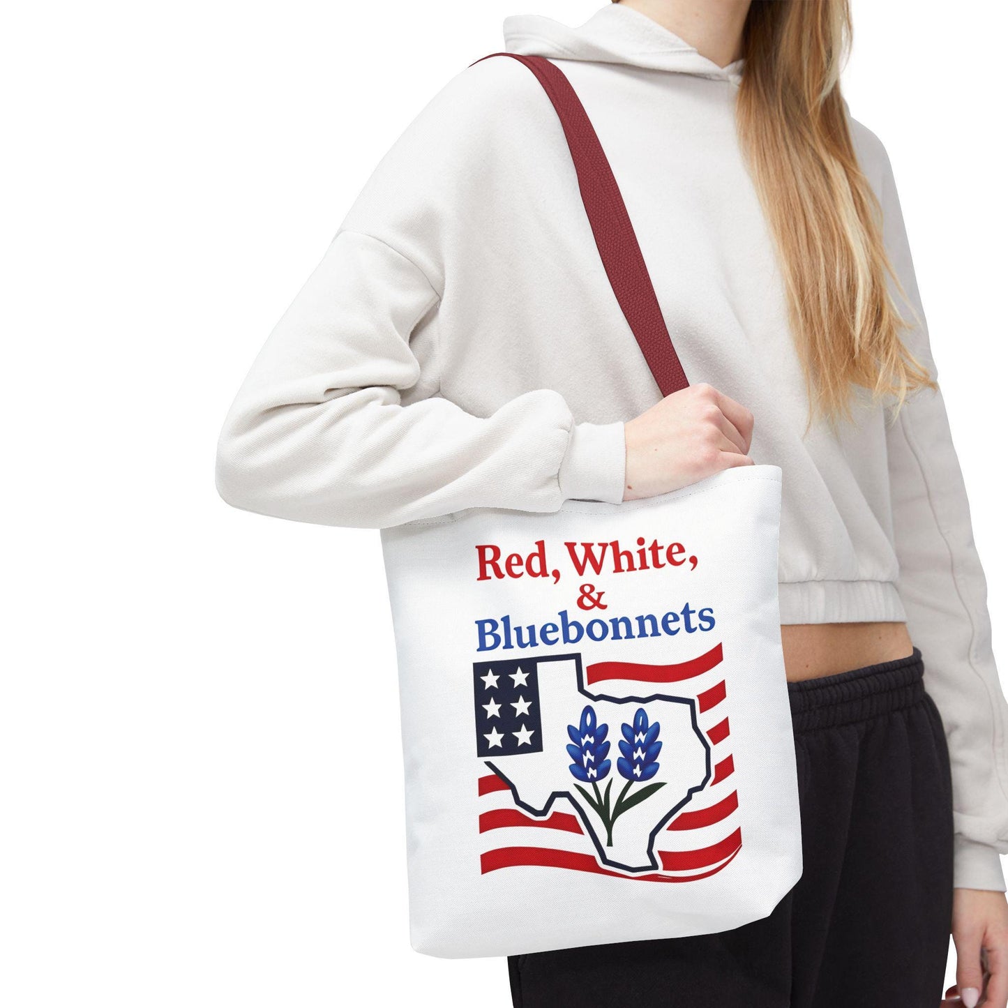 Texas Patriot Tote Bag, Red White and Bluebonnets, Independence Day Accessory, Summer Travel Bag, Gift for Texans, Stylish Grocery Tote